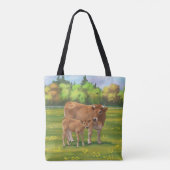 Aubrac-Koe en Cute Calf in lentepastuur Tote Bag (Achterkant)