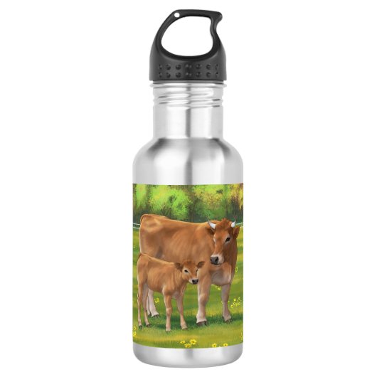 Aubrac-Koe en Cute Calf in lentepastuur Waterfles (Voorkant)