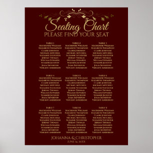 Auburn Brown & Gold 9 Table Wedding Seating Chart Poster