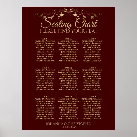 Auburn Brown & Gold 9 Table Wedding Seating Chart Poster (Voorkant)