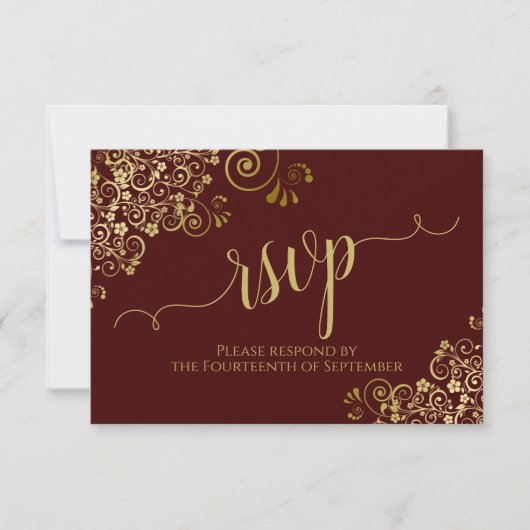 Auburn Brown & Gold Lace Calligraphy Wedding RSVP Kaartje (Voorkant)