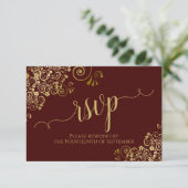 Auburn Brown & Gold Lace Calligraphy Wedding RSVP Kaartje (Staand voorkant)