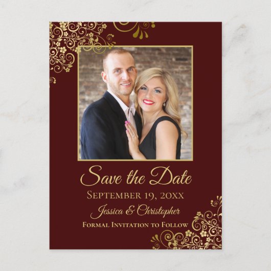 Auburn Brown & Gold Photo Save the Date Wedding Aankondigingskaart (Voorkant)