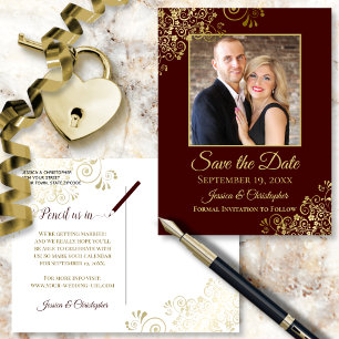 Auburn Brown & Gold Photo Save the Date Wedding Aankondigingskaart