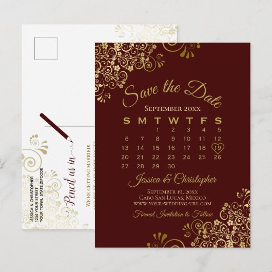 Auburn Brown Gold Wedding Save the Date Calendar Aankondigingskaart (Voorkant / Achterkant)