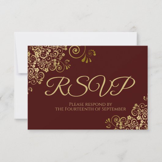 Auburn Brown met Elegant Gold Lace Wedding RSVP Kaartje (Voorkant)