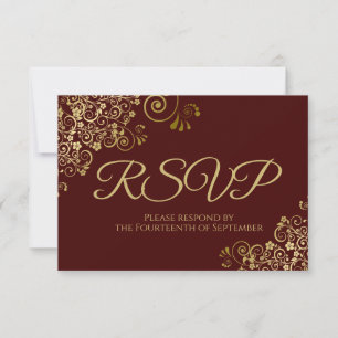 Auburn Brown met Elegant Gold Lace Wedding RSVP Kaartje