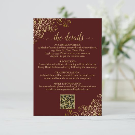 Auburn Bruin & Goud Chique Bruiloft QR Code Detail Informatiekaartje (Staand voorkant)