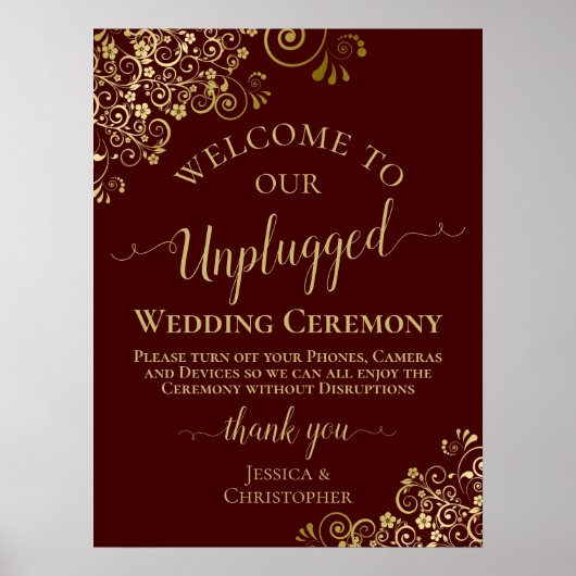 Auburn & Gold Stylish Unplugged Wedding Ceremony Poster (Voorkant)
