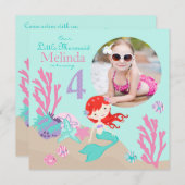 Auburn Mermaid Fourth Birthday Invitation Kaart (Voorkant / Achterkant)