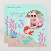 Auburn Mermaid Third Birthday Invitation Kaart (Voorkant / Achterkant)