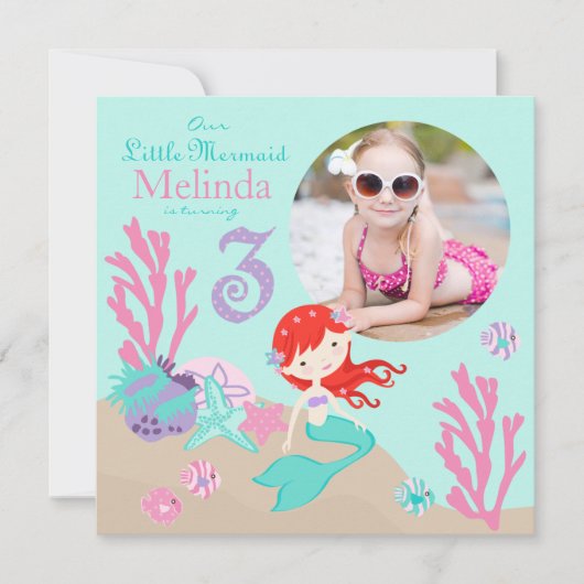 Auburn Mermaid Third Birthday Invitation Kaart (Voorkant)