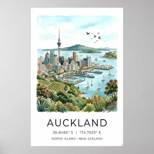 Auckland Silhouette Print Kust Waterverf Kunst (Voorkant)