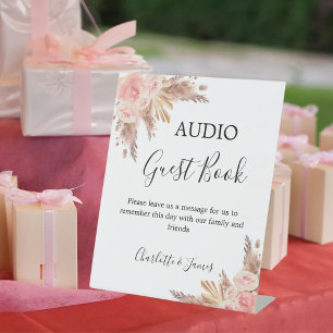 Audio-gastenboek bord bloemen pampasgras bruiloft reclamebord met voetstuk