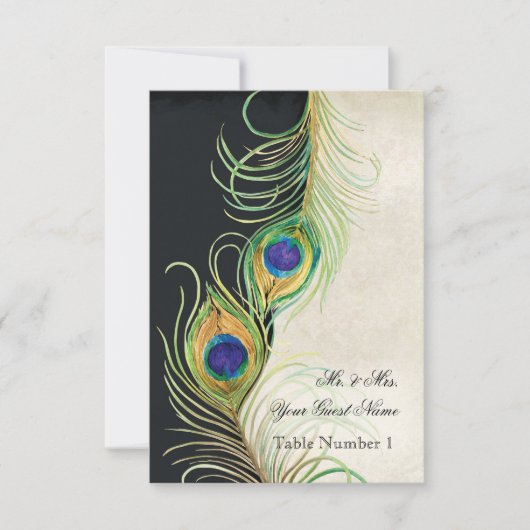 Audrey Jeanne Peacock Feather Black Damask Invite Kaart (Voorkant)