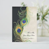 Audrey Jeanne Peacock Feather Black Damask Invite Kaart (Staand voorkant)