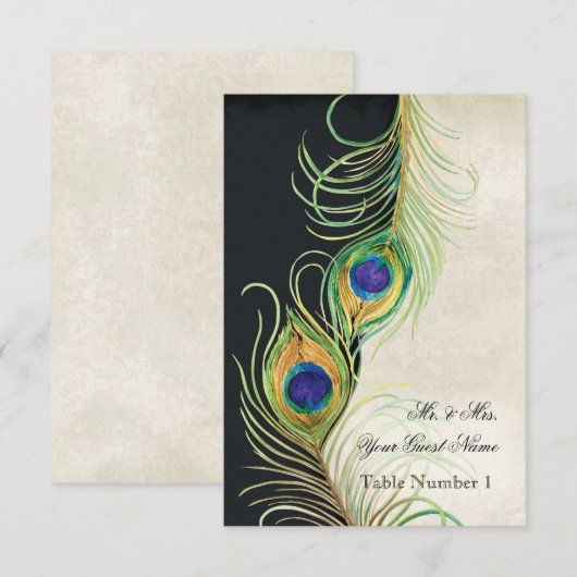 Audrey Jeanne Peacock Feather Black Damask Invite Kaart (Voorkant / Achterkant)