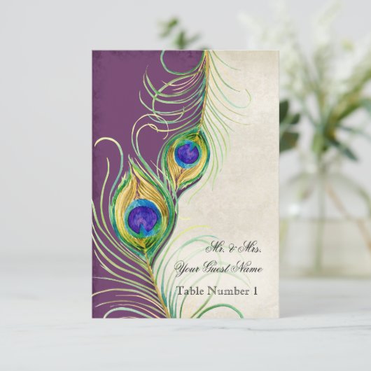 Audrey Jeanne Peacock Feather Paars Damask Escort Kaart (Staand voorkant)