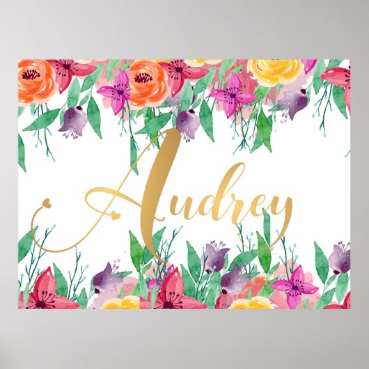 Audrey Name Sign Floral Typografie Gold Calligrafi Poster (Voorkant)