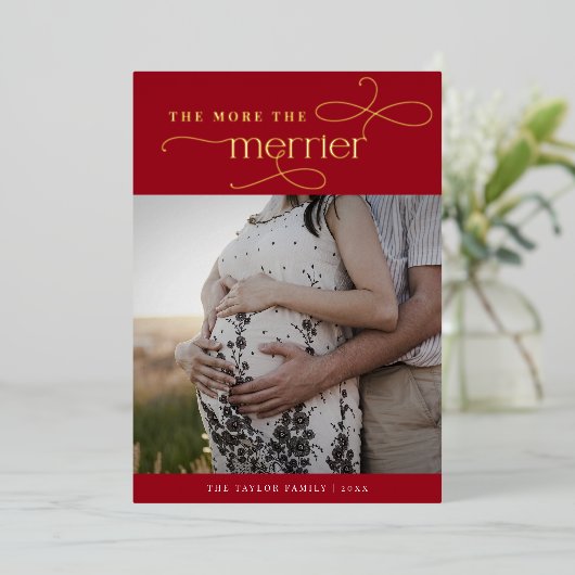 AUDREY Rode Folie Kerst Zwangerschapsaankondiging Folie Feestdagenkaart (Staand Voorkant)