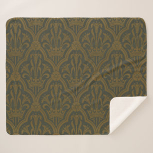 Audsley Vintage Goud Lilie Kroon Groen Damast Kuns Sherpa Deken