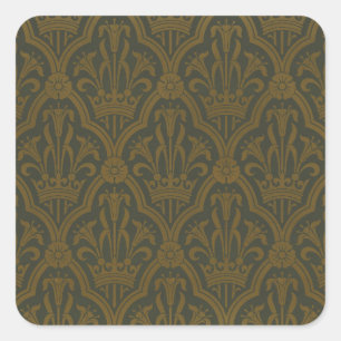 Audsley Vintage Goud Lilie Kroon Groen Damast Kuns Vierkante Sticker