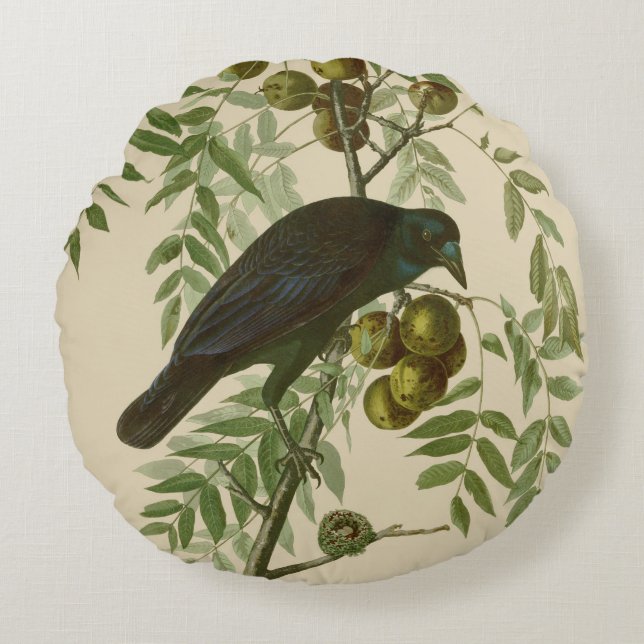 Audubon American Crow Black Bird Rond Kussen (Voorkant)