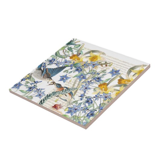 Audubon Bluebird Birds Narcissus Flowers Tile Tegeltje (Zijkant)