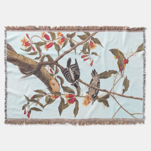 Audubon Downy Woodpecker Couple met Flowers Deken (Voorkant)