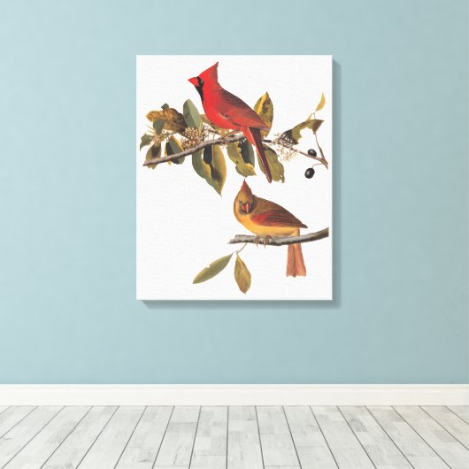 Audubon kardinaal paar in wilde amandelboom canvas afdruk (Insitu (Houten vloer))