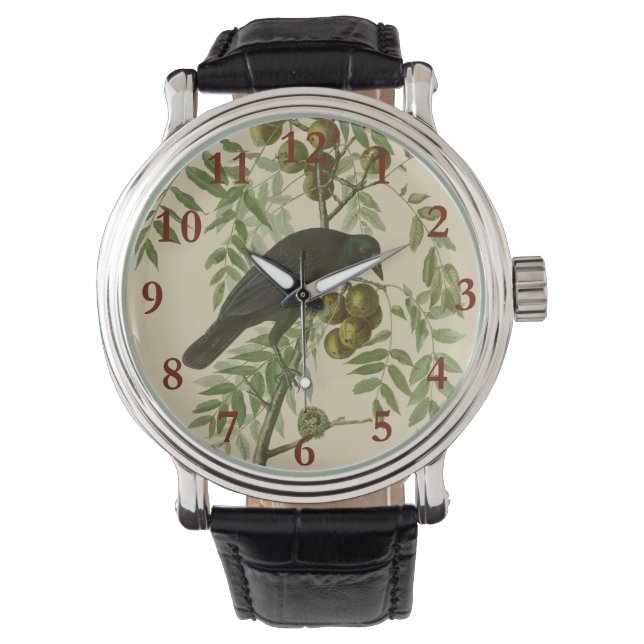 Audubon Purple Grackle Vogelprint Vintage Botanisc Horloge (Voorkant)