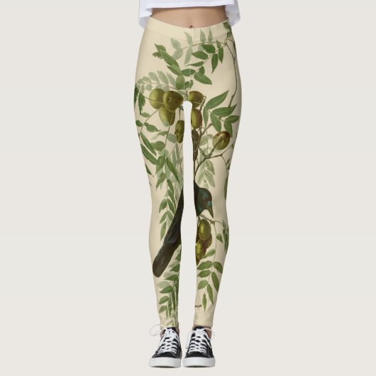 Audubon Purple Grackle Vogelprint Vintage Botanisc Leggings (Voorkant)