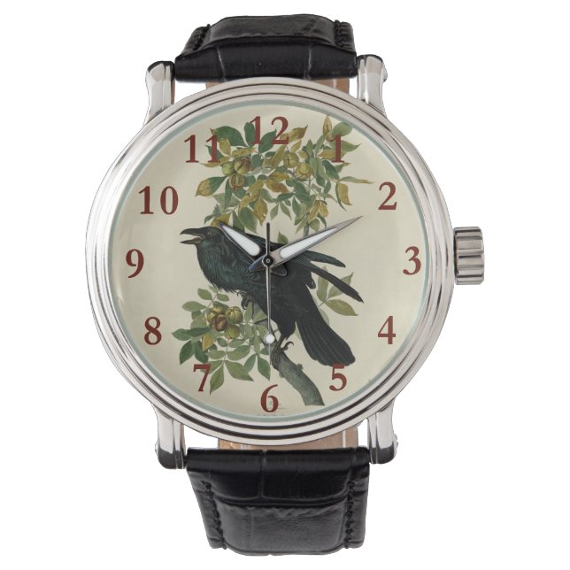 Audubon Raven Bird Classic Artwork Horloge (Voorkant)