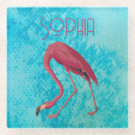 Audubon Roze Flamingo op Blauwe Waterverf Glazen Onderzetter