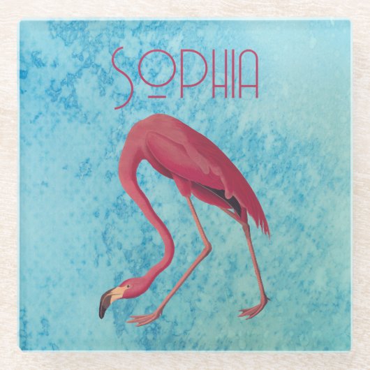 Audubon Roze Flamingo op Blauwe Waterverf Glazen Onderzetter (Voorkant)