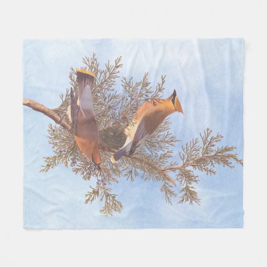 Audubon's Cedar Waxwing Bird Pair op Evergreen Fleece Deken (Voorkant (Horizontaal))