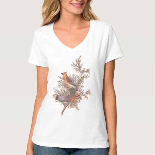 Audubon's Cedar Waxwing Bird Pair op Evergreen T-shirt (Voorkant)