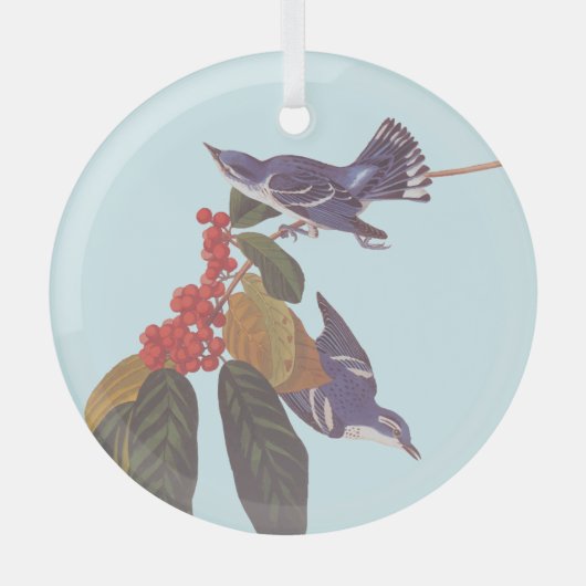 Audubon's Cerulean Warbler Bird Pair met Berries Glas Ornament (Voorkant)