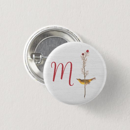Audubon's gele vogel op bloem met monogram ronde button 3,2 cm (Voorkant /achterkant)