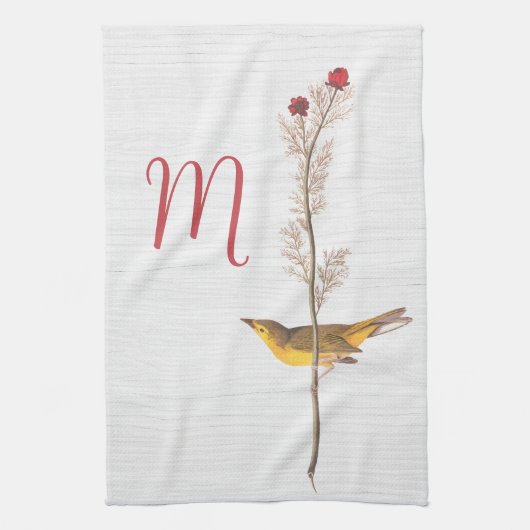 Audubon's gele vogel op bloem met monogram theedoek (Verticaal)