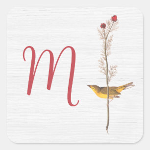 Audubon's gele vogel op bloem met monogram vierkante sticker