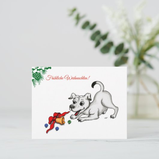 auf Deutsch Weihnachten mit Welpe Glocke und Ball Feestdagenkaart (Staand voorkant)