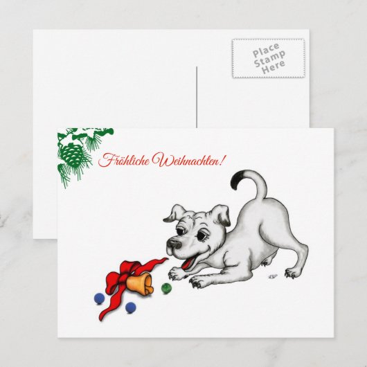 auf Deutsch Weihnachten mit Welpe Glocke und Ball Feestdagenkaart (Voorkant / Achterkant)