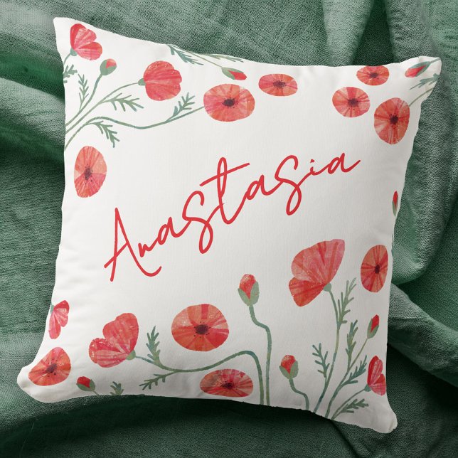 August Birth Month Flower Poppy Personalized Kussen (August birthday birth flower month poppy personalized custom name throw pillow gift)