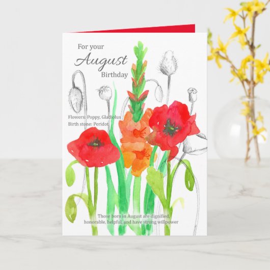 August Birthday Gladiolus Red Poppy Birth Flowers Kaart (Gele Bloem)