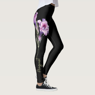 August Geboortebloem, Paarse Gladiolus op Zwart Leggings