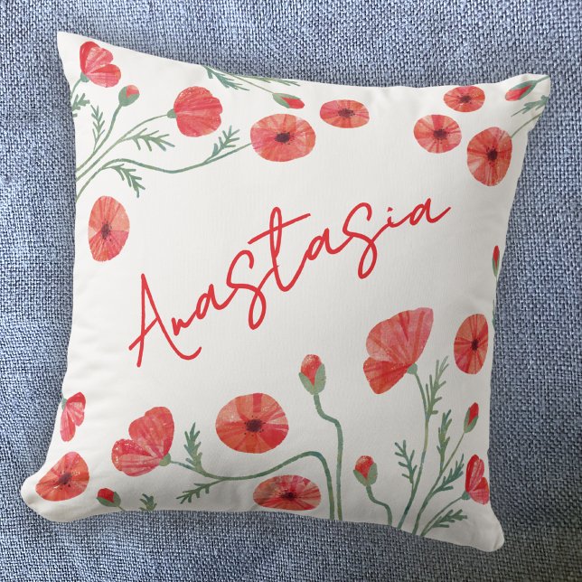 August Geboortemaand Bloem Klaproos Persoonlijk Kussen (August birthday birth flower month poppy personalized custom name throw pillow gift)