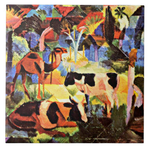 August Macke - Landschap met koeien en een kameel Tegeltje