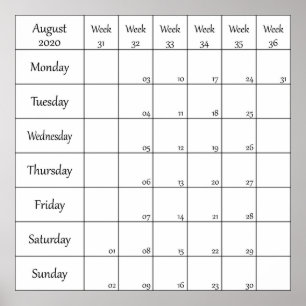 augustus 2020 planner kalender met weeknummer poster