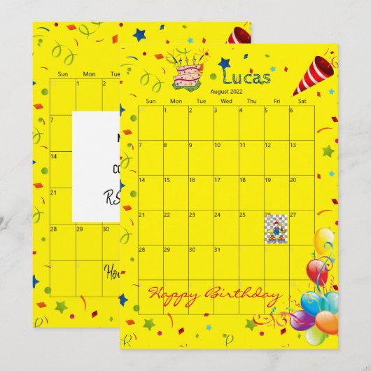 Augustus 2022 Kalender Gelukkige Verjaardag Uitnod Kaart (Voorkant / Achterkant)